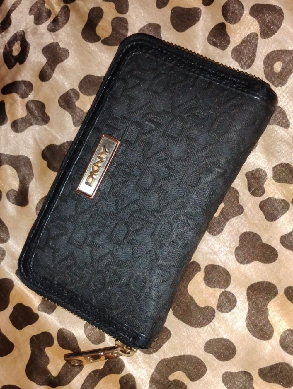 DKNY Black Textured Zip-Around Wallet with Gold Hardware